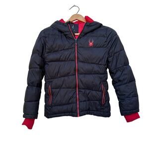 Spyder Kids Puffer Jacket Hooded Black Red Trim - Size S (7/8)